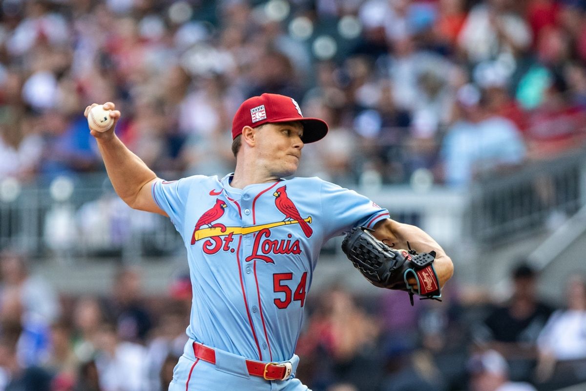 Jul 20, 2024; Cumberland, Georgia, USA; St. St. Louis Cardinals pitcher Sonny Gray (54) pitches against the Atlanta Braves during the second inning at Truist Park. Mandatory Credit: Jordan Godfree-USA TODAY Sports