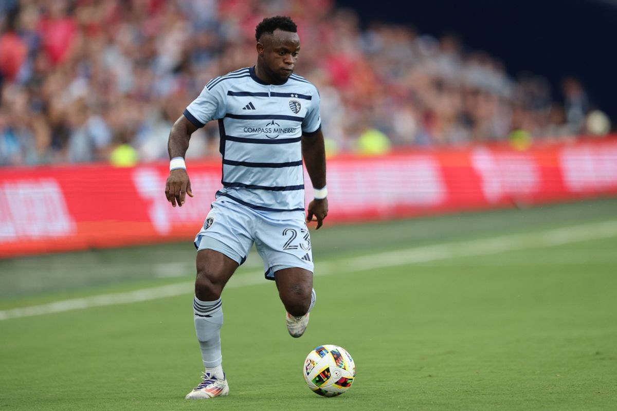 Jul 20, 2024; Kansas City, Kansas, USA; Sporting Kansas City forward Willy Agada (23) controls the ball in the first half against St. Louis CITY SC at Children's Mercy Park. Mandatory Credit: William Purnell-Imagn Images