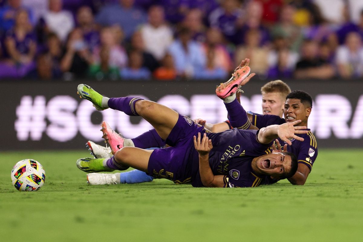 Jul 20, 2024; Orlando, Florida, USA; Orlando City midfielder Cesar Araujo (5) reacts after a collision against New York City FC in the first half at Inter&Co Stadium. Mandatory Credit: Nathan Ray Seebeck-USA TODAY Sports