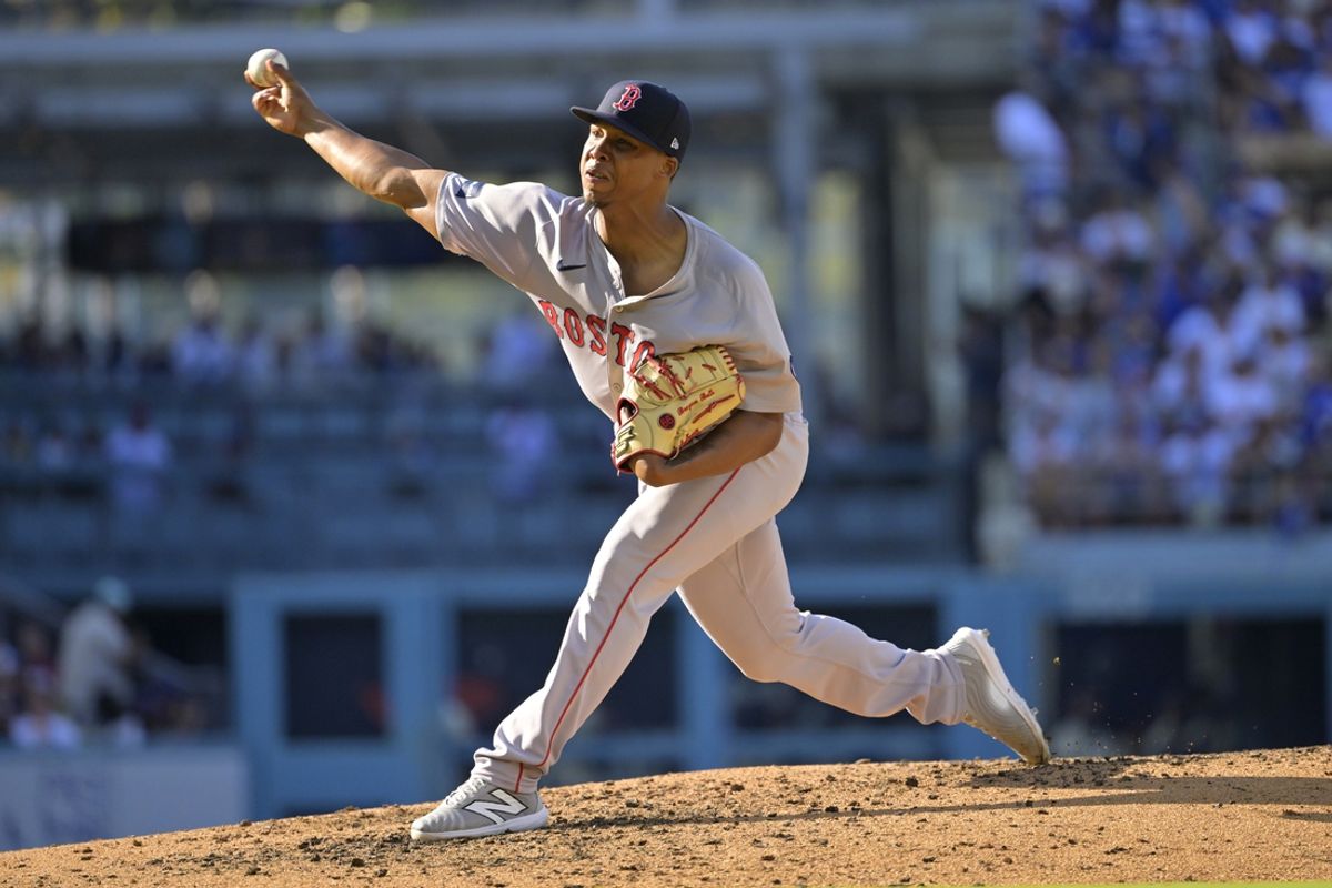 Jul 20, 2024; Los Angeles, California, USA;  Boston Red Sox starting pitcher Brayan Bello (66) delivers to the plate in the fifth inning against the Los Angeles Dodgers at Dodger Stadium. Mandatory Credit: Jayne Kamin-Oncea-USA TODAY Sports