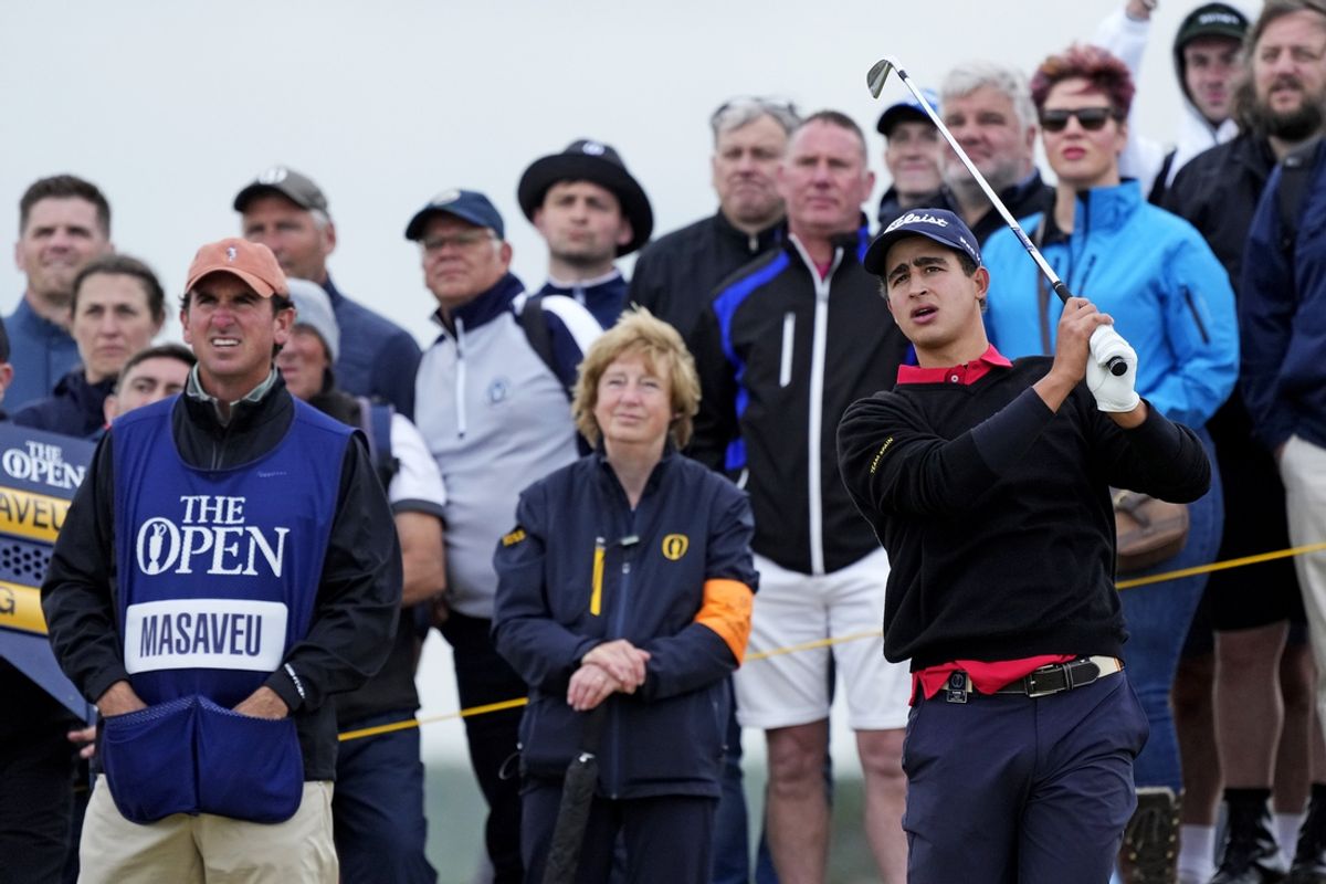 Jul 21, 2024; Ayrshire, SCT; Luis Masaveu plays his shot from the 16th tee during the final round of the Open Championship golf tournament at Royal Troon. Mandatory Credit: Jack Gruber-Imagn Images