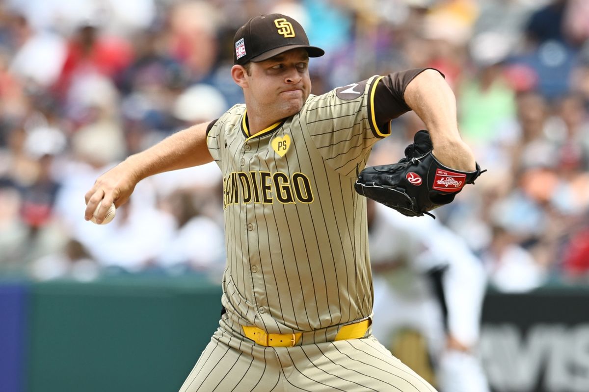 Jul 21, 2024; Cleveland, Ohio, USA; San Diego Padres starting pitcher Michael King (34) throws a pitch during the first inning against the Cleveland Guardians at Progressive Field. Mandatory Credit: Ken Blaze-USA TODAY Sports