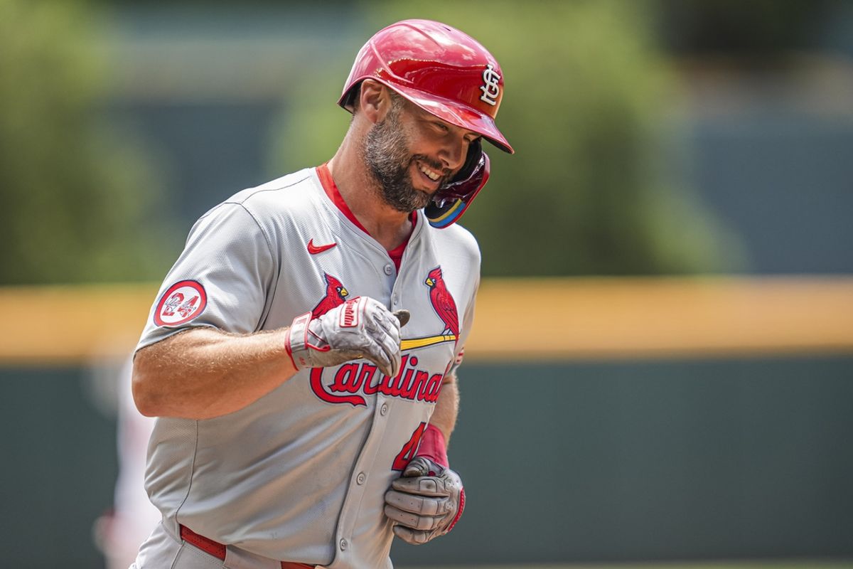 Jul 21, 2024; Cumberland, Georgia, USA; St. Louis Cardinals first baseman Paul Goldschmidt (46) reacts after hitting a home run against the Atlanta Braves during the second inning at Truist Park. Mandatory Credit: Dale Zanine-USA TODAY Sports