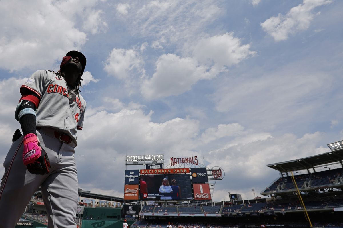 Jul 21, 2024; Washington, District of Columbia, USA; Cincinnati Reds shortstop Elly De La Cruz (44) stands in the on deck circle prior to the start of the Reds' game against the Washington Nationals at Nationals Park. Mandatory Credit: Geoff Burke-USA TODAY Sports