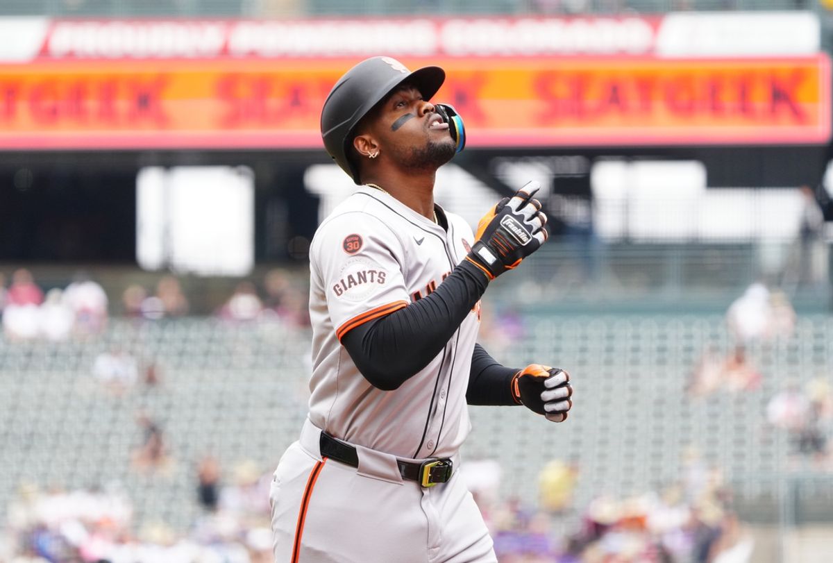 Jul 21, 2024; Denver, Colorado, USA; San Francisco Giants designated hitter Jorge Soler (2) celebrates his solo home run in the first inning against the Colorado Rockies at Coors Field. Mandatory Credit: Ron Chenoy-USA TODAY Sports