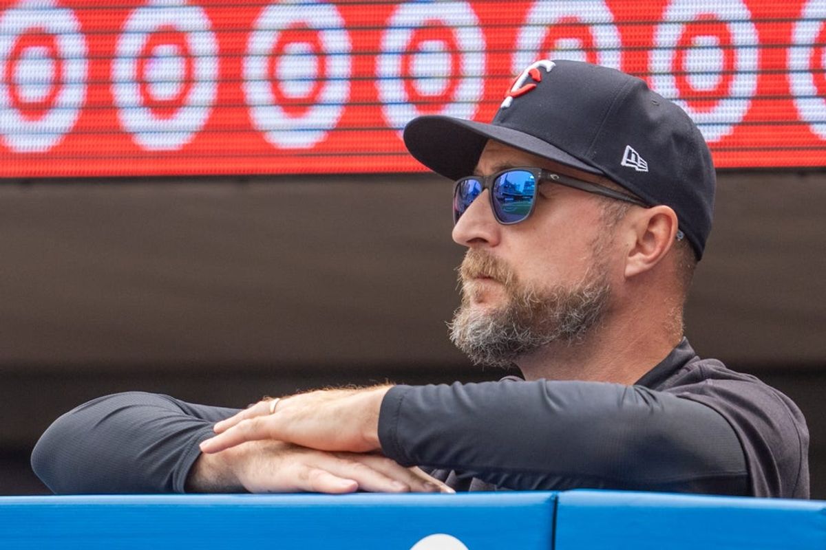 Jul 21, 2024; Minneapolis, Minnesota, USA; Minnesota Twins manager Rocco Baldelli (5) watches play in the fifth inning against the Milwaukee Brewers at Target Field. Mandatory Credit: Matt Blewett-USA TODAY Sports