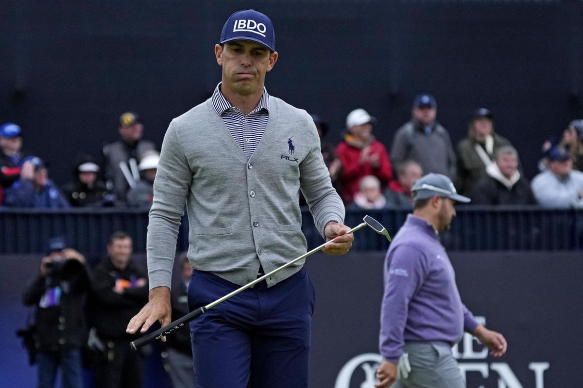 Jul 21, 2024; Ayrshire, SCT; Billy Horschel reacts on the 18th green during the final round of the Open Championship golf tournament at Royal Troon. Mandatory Credit: Jack Gruber-USA TODAY Sports