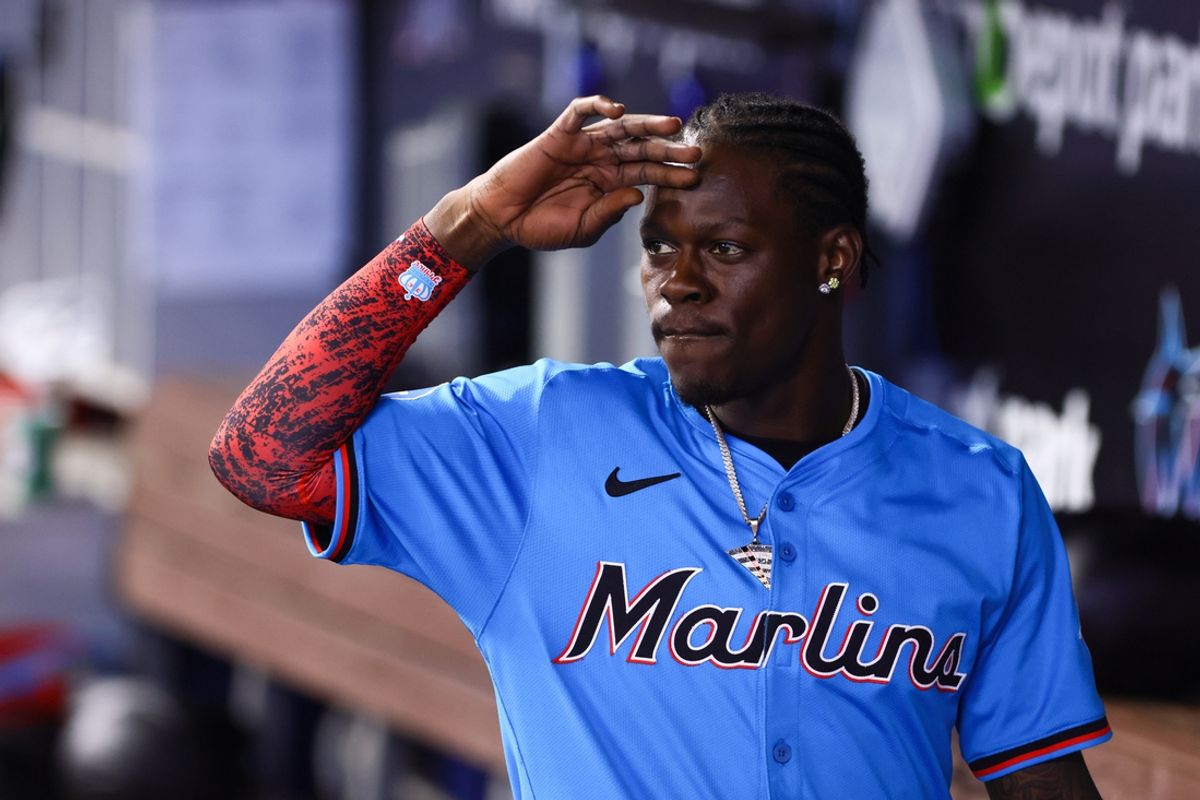 Jul 21, 2024; Miami, Florida, USA; Miami Marlins designated hitter Jazz Chisholm Jr. (2) salutes from the dugout after the game against the New York Mets at loanDepot Park. Mandatory Credit: Sam Navarro-USA TODAY Sports