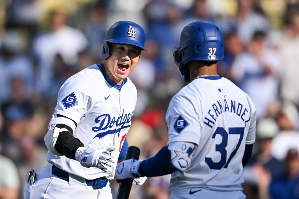 Jul 21, 2024; Los Angeles, California, USA; Los Angeles Dodgers designated hitter Shohei Ohtani (17) celebrates with Los Angeles Dodgers outfielder Teoscar Hernández (37) after hitting a solo home run against the Boston Red Sox during the fifth inning at Dodger Stadium. Mandatory Credit: Jonathan Hui-USA TODAY Sports