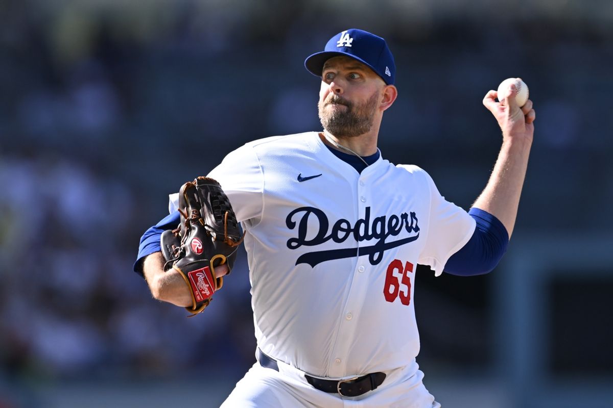 Jul 21, 2024; Los Angeles, California, USA; Los Angeles Dodgers pitcher James Paxton (65) throws a pitch against the Boston Red Sox during the fourth inning at Dodger Stadium. Mandatory Credit: Jonathan Hui-USA TODAY Sports