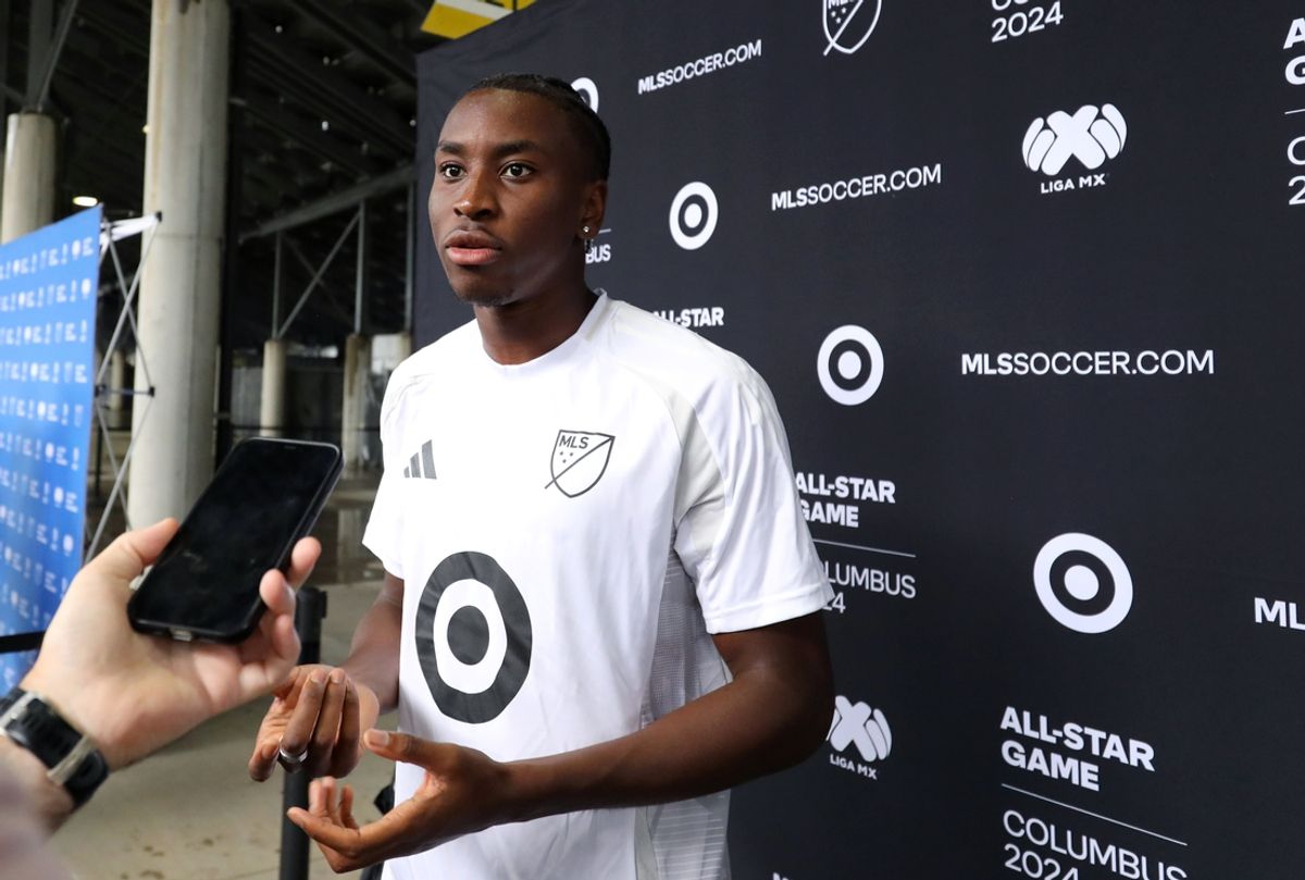 Jul 22, 2024; Columbus, Ohio, USA;  Colorado Rapids forward Moise Bombito is interviewed during MLS Allstar training at OhioHealth Performance Center. Mandatory Credit: Joseph Maiorana-USA TODAY Sports