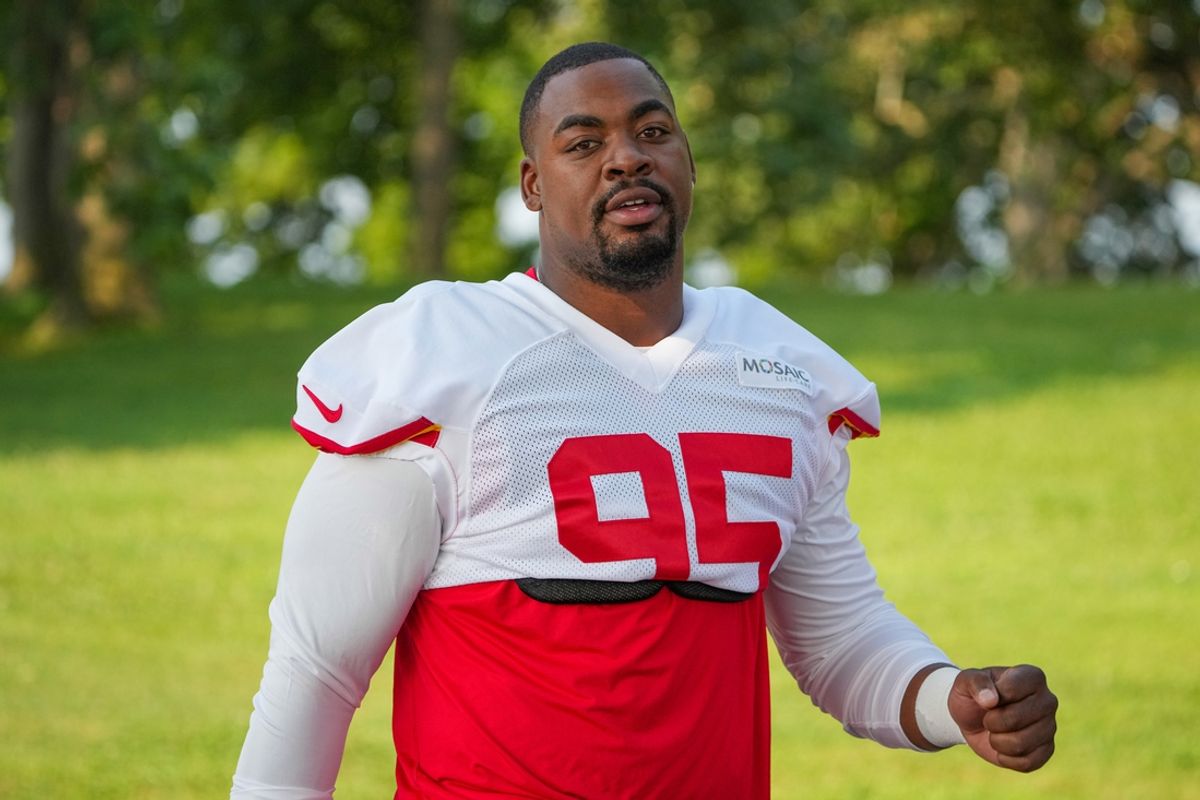 Jul 22, 2024; St. Joseph, MO, USA; Kansas City Chiefs defensive tackle Chris Jones (95) walks down the hill from the locker room to the fields prior to training camp at Missouri Western State University. Mandatory Credit: Denny Medley-USA TODAY Sports