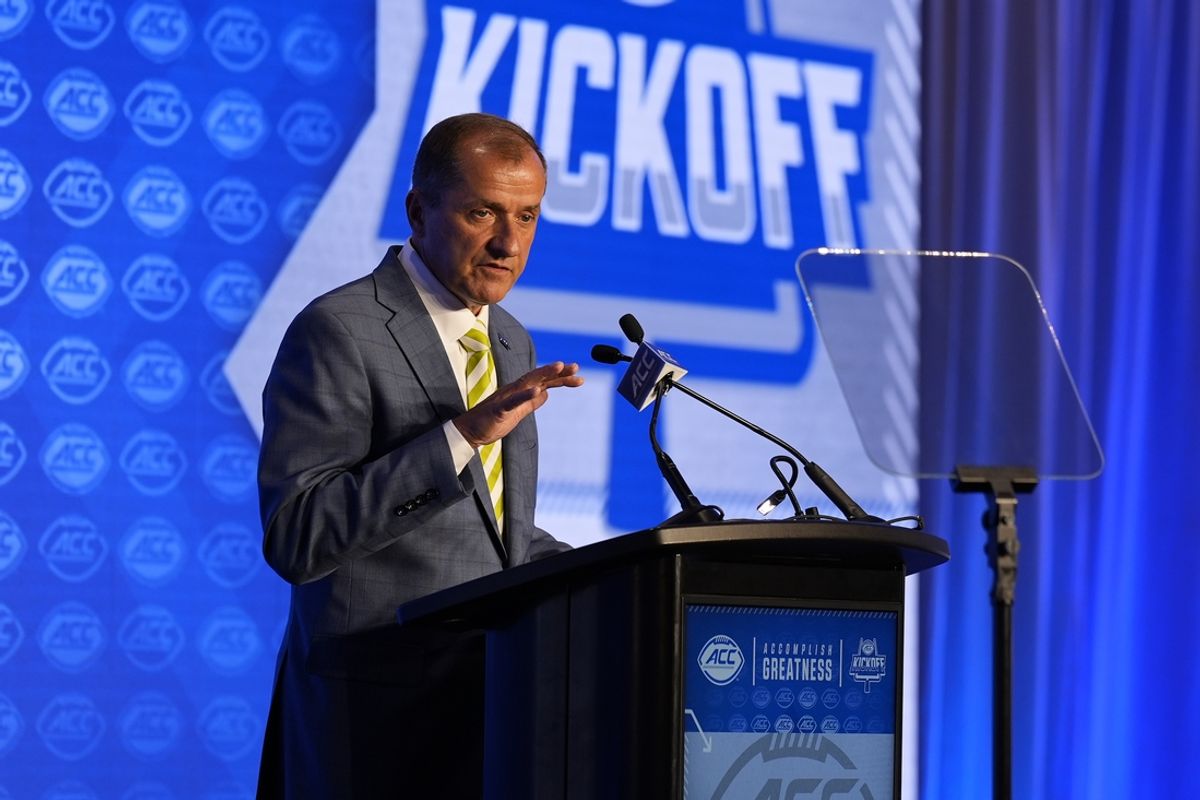 Jul 22, 2024; Charlotte, NC, USA; ACC commissioner Jim Phillips speaks to the media during ACC Kickoff at Hilton Charlotte Uptown. Mandatory Credit: Jim Dedmon-USA TODAY Sports
