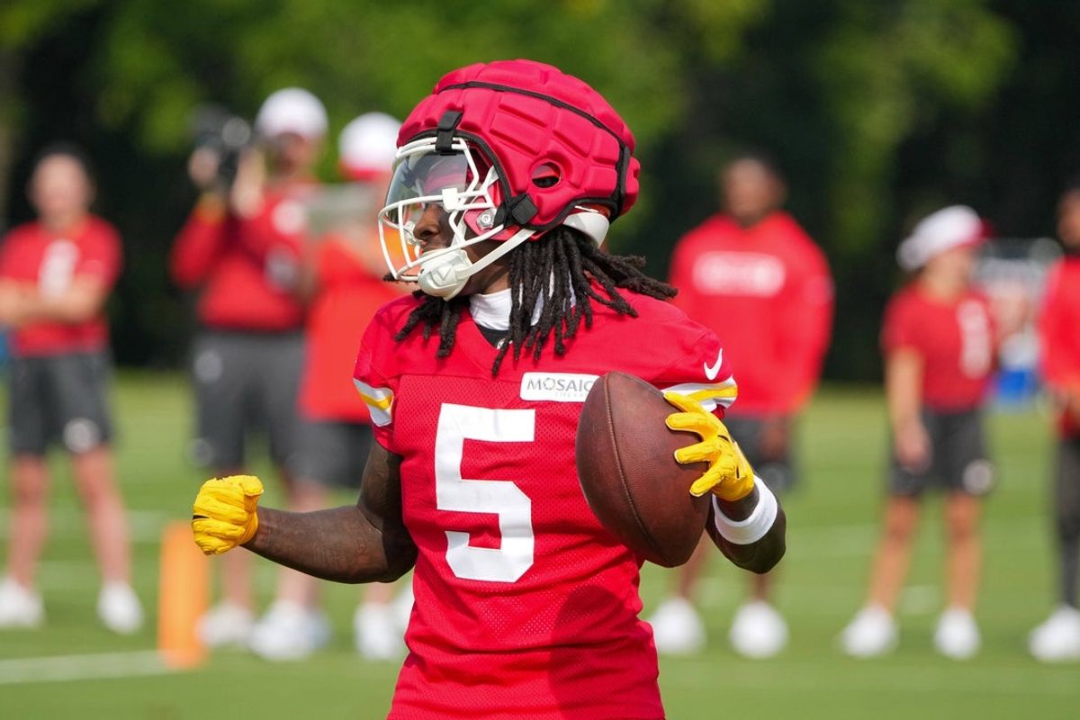 Jul 22, 2024; St. Joseph, MO, USA; Kansas City Chiefs wide receiver Marquise (Hollywood) Brown (5) celebrates after catching a pass during training camp at Missouri Western State University. Mandatory Credit: Denny Medley-Imagn Images