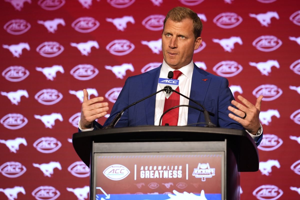 Jul 22, 2024; Charlotte, NC, USA; SMU head coach Rhett Lashlee speaks to the media during ACC Kickoff at Hilton Charlotte Uptown. Mandatory Credit: Jim Dedmon-USA TODAY Sports
