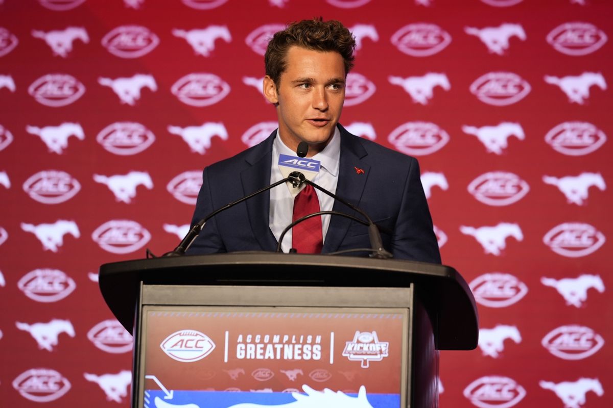 Jul 22, 2024; Charlotte, NC, USA; SMU quarterback Preston Stone speaks to the media during ACC Kickoff at Hilton Charlotte Uptown. Mandatory Credit: Jim Dedmon-USA TODAY Sports