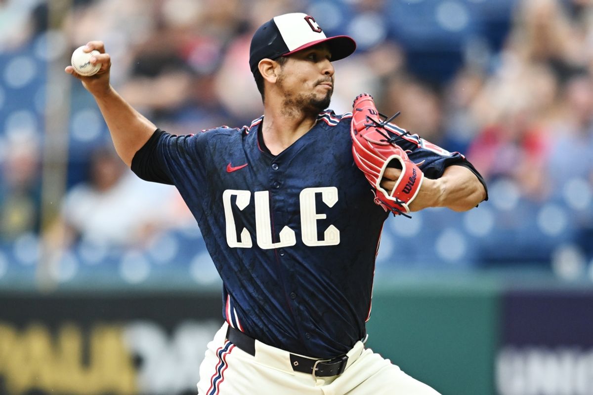 Jul 22, 2024; Cleveland, Ohio, USA; Cleveland Guardians starting pitcher Carlos Carrasco (59) throws a pitch during the first inning against the Detroit Tigers at Progressive Field. Mandatory Credit: Ken Blaze-Imagn Images
