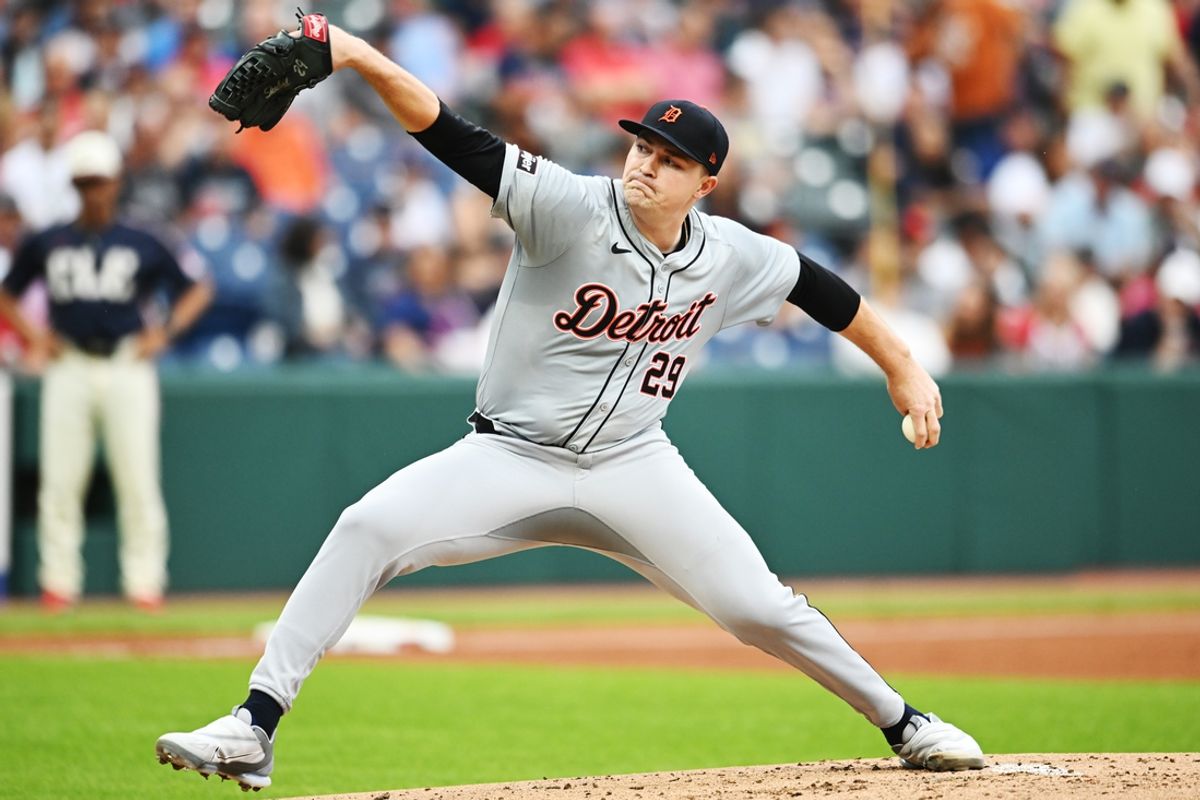 Jul 22, 2024; Cleveland, Ohio, USA; Detroit Tigers starting pitcher Tarik Skubal (29) throws a pitch during the first inning against the Cleveland Guardians at Progressive Field. Mandatory Credit: Ken Blaze-USA TODAY Sports