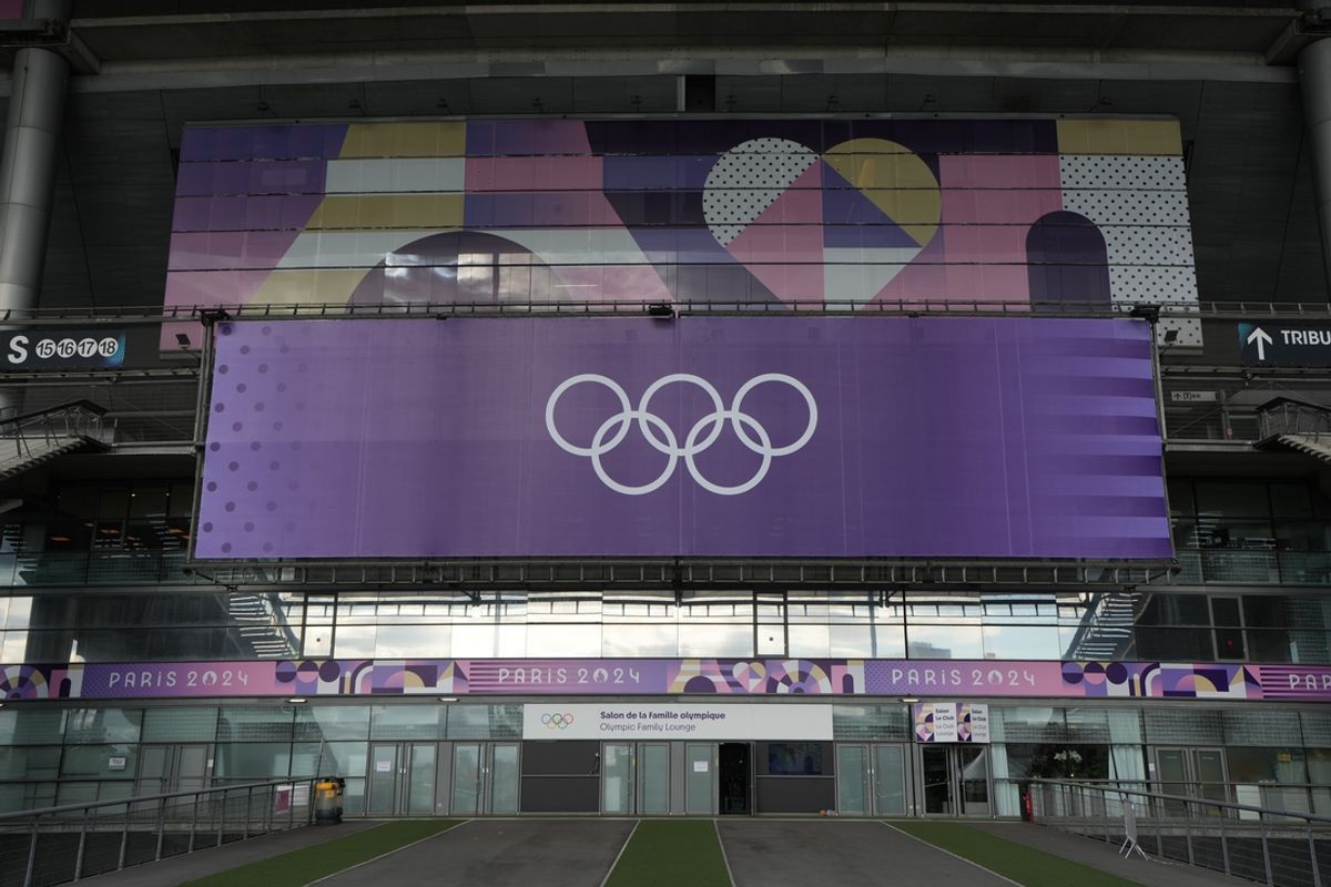 Jul 22, 2024, Saint-Denis France; A general overall view of the Olympic rings at Stade de France, the site of the 2024 Paris Olympics rugby and athletics competition and the closing ceremonies. Mandatory Credit: Kirby Lee-USA TODAY Sports