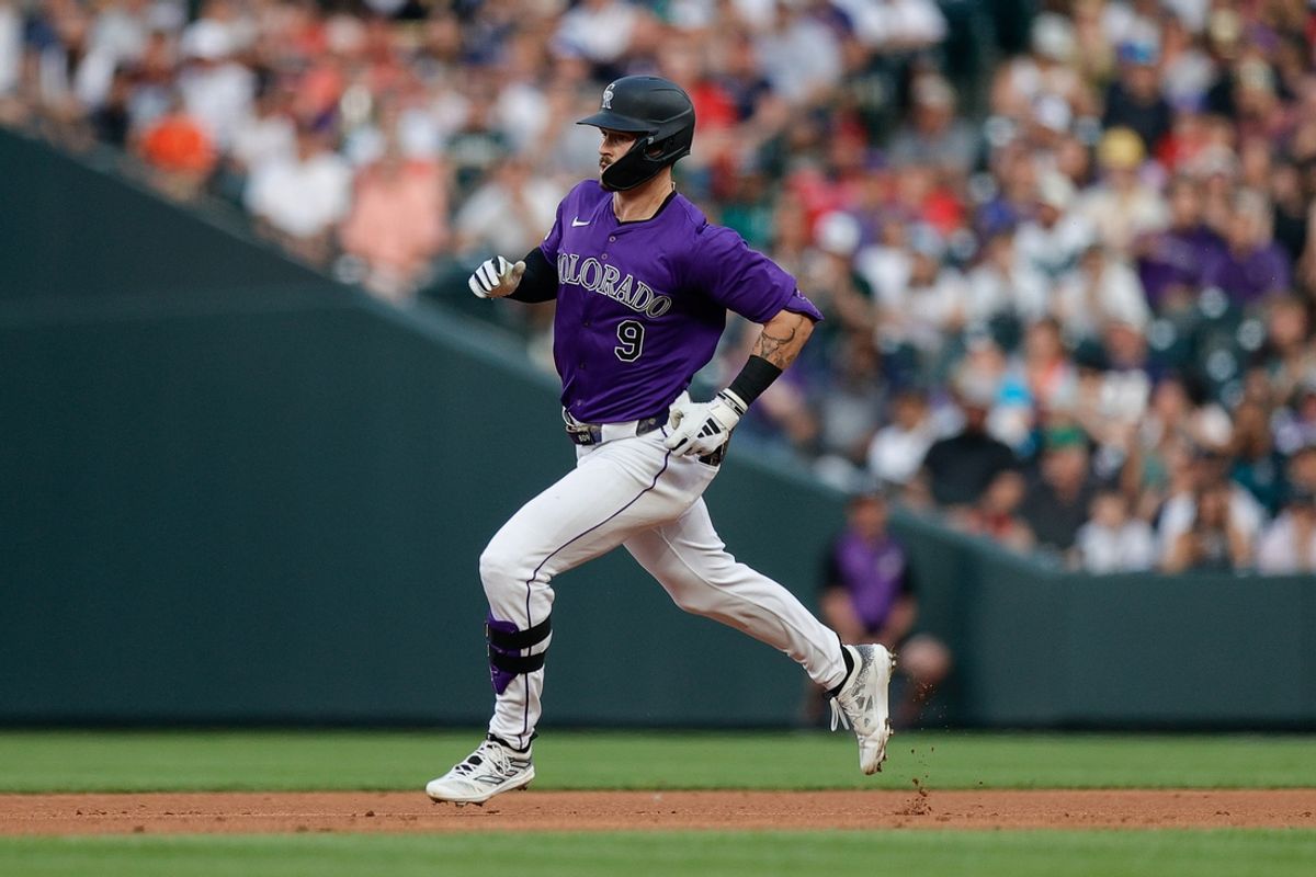 Jul 22, 2024; Denver, Colorado, USA; Colorado Rockies center fielder Brenton Doyle (9) runs to second on an RBI double in the third inning against the Boston Red Sox at Coors Field. Mandatory Credit: Isaiah J. Downing-USA TODAY Sports