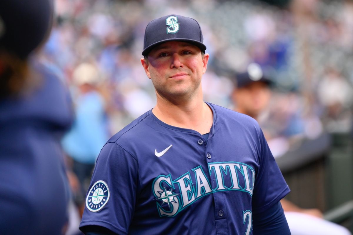 Jul 22, 2024; Seattle, Washington, USA; Seattle Mariners first baseman Ty France (23) before the game against the Los Angeles Angels at T-Mobile Park. Mandatory Credit: Steven Bisig-USA TODAY Sports