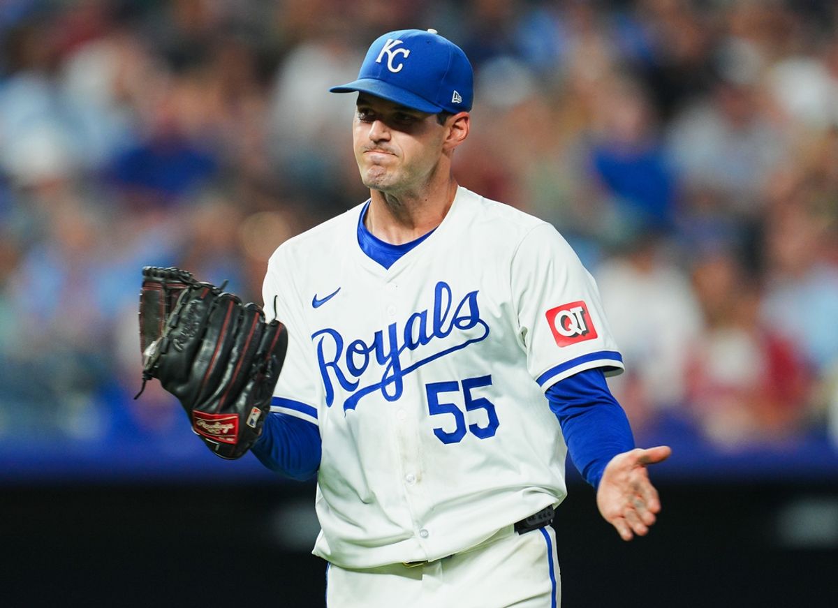 Jul 22, 2024; Kansas City, Missouri, USA; Kansas City Royals starting pitcher Cole Ragans (55) reacts during the sixth inning against the Arizona Diamondbacks at Kauffman Stadium. Mandatory Credit: Jay Biggerstaff-USA TODAY Sports