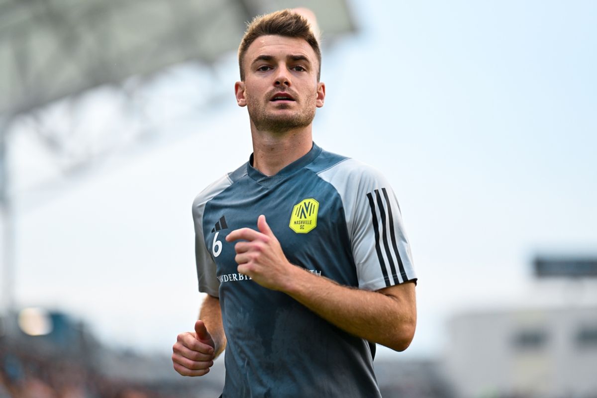 Jul 20, 2024; Philadelphia, Pennsylvania, USA; Nashville SC midfielder Amar Sejdic (6) warms up before the game against the Philadelphia Union at Subaru Park. Mandatory Credit: Kyle Ross-Imagn Images