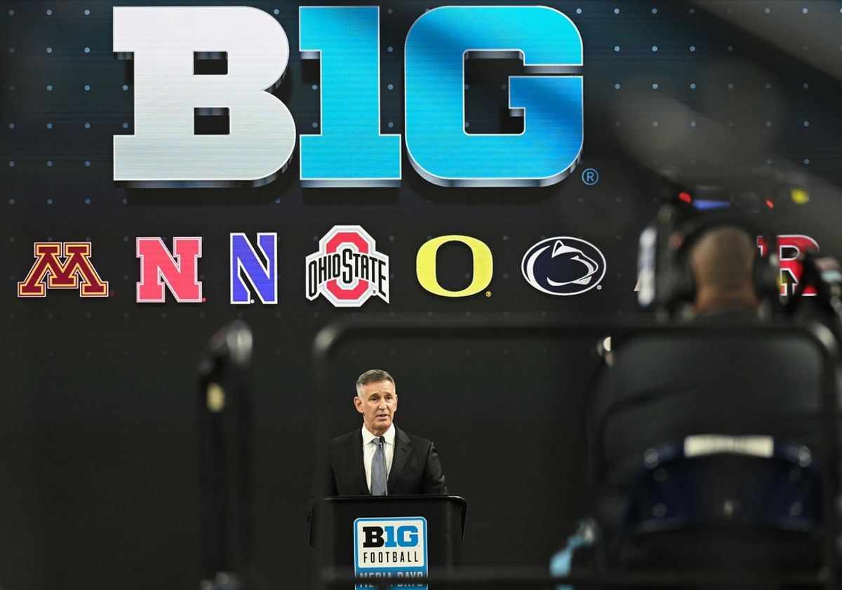 Jul 23, 2024; Indianapolis, IN, USA;  Big Ten commissioner Tony Petitti speaks to the media during the Big 10 football media day at Lucas Oil Stadium. Mandatory Credit: Robert Goddin-USA TODAY Sports