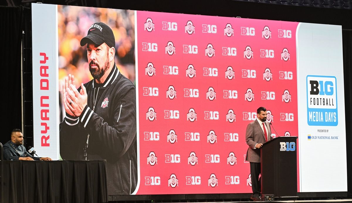 Jul 23, 2024; Indianapolis, IN, USA; Ohio State Buckeyes head coach Ryan Day speaks to the media during the Big 10 football media day at Lucas Oil Stadium. Mandatory Credit: Robert Goddin-USA TODAY Sports