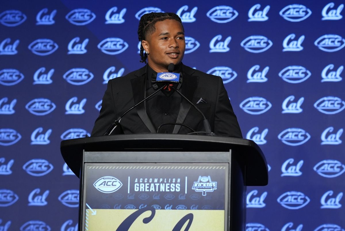 Jul 23, 2024; Charlotte, NC, USA;  Cal running back Jaydn Ott answers questions from the media during the ACC Kickoff at Hilton Charlotte Uptown. Mandatory Credit: Jim Dedmon-USA TODAY Sports