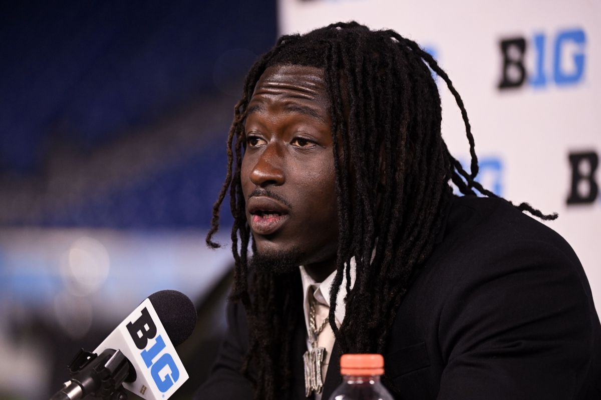 Jul 23, 2024; Indianapolis, IN, USA; Rutgers Scarlet Knights linebacker Mohamed Toure speaks to the media during the Big 10 football media day at Lucas Oil Stadium. Mandatory Credit: Robert Goddin-USA TODAY Sports
