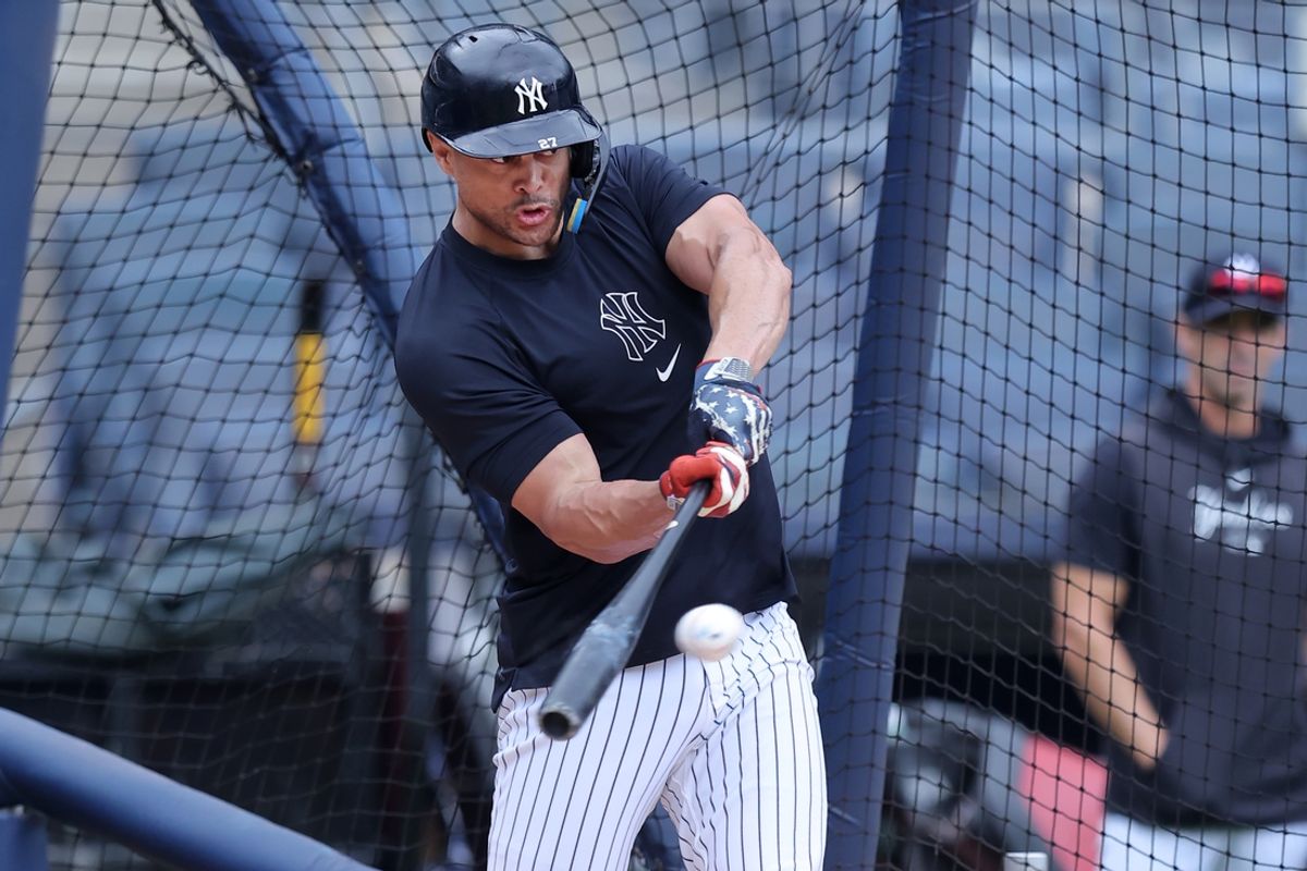 Jul 23, 2024; Bronx, New York, USA; New York Yankees injured designated hitter Giancarlo Stanton (27) works out at Yankee Stadium before a game against the New York Mets. Mandatory Credit: Brad Penner-USA TODAY Sports