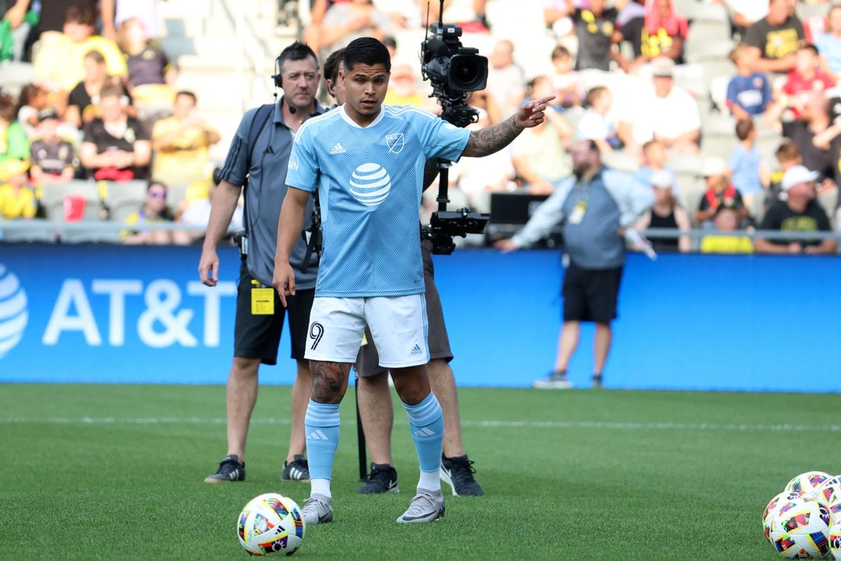 Jul 23, 2024; Columbus, Ohio, USA; MLS forward Cucho Hernandez of the Columbus Crew  (9) practices before the 2024 MLS All-Star Skills Challenge at Lower.com Field. Mandatory Credit: Trevor Ruszkowski-USA TODAY Sports