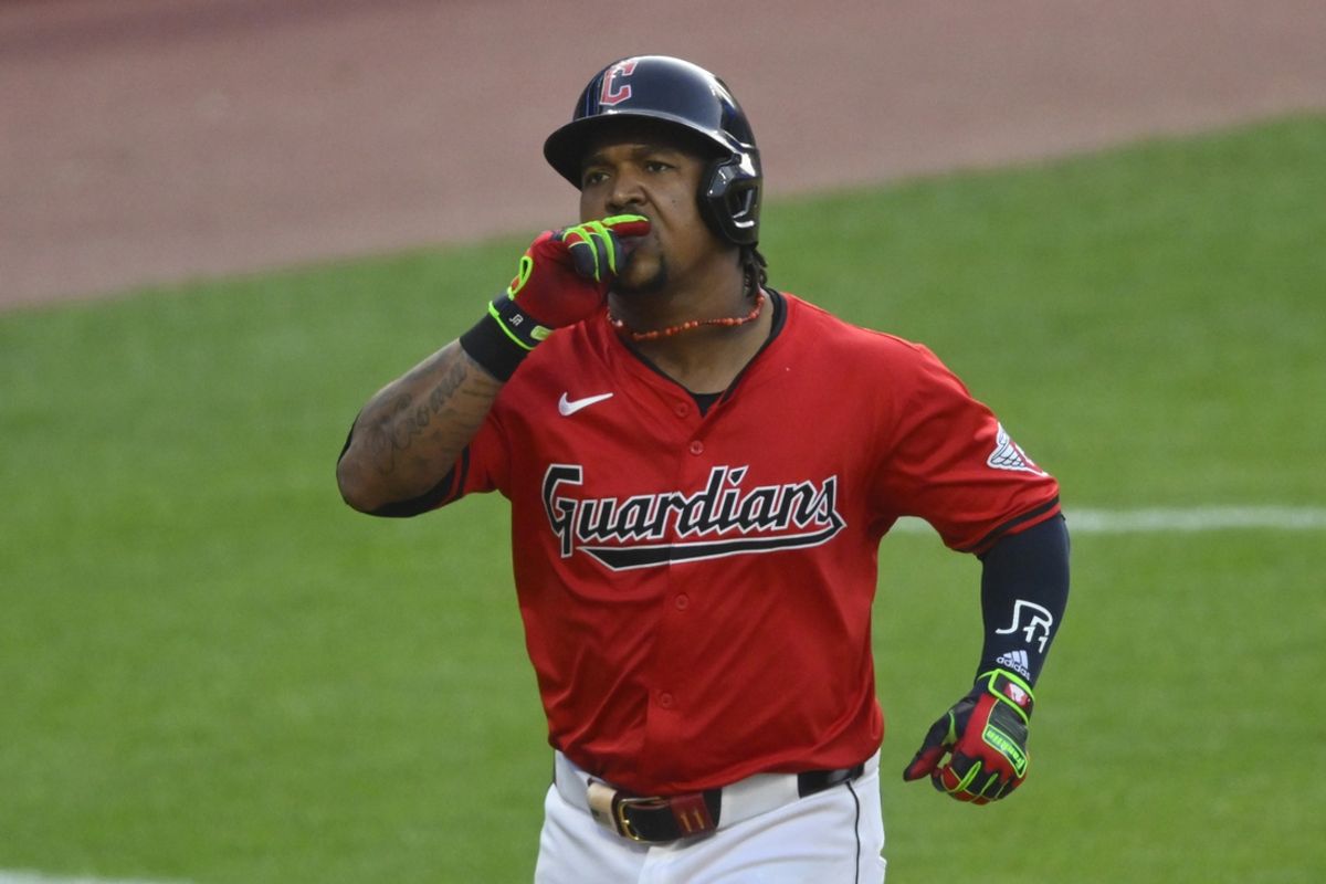 Jul 23, 2024; Cleveland, Ohio, USA; Cleveland Guardians third baseman Jose Ramirez (11) celebrates his solo home run in the fifth inning against the Detroit Tigers at Progressive Field. Mandatory Credit: David Richard-USA TODAY Sports