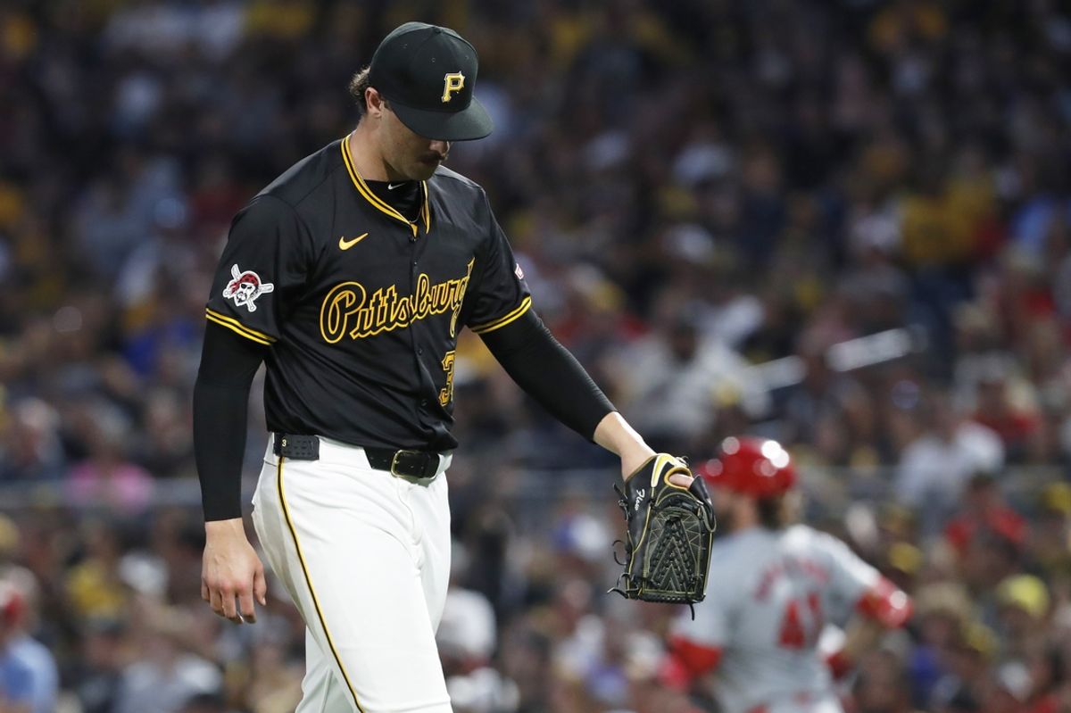 Jul 23, 2024; Pittsburgh, Pennsylvania, USA;  Pittsburgh Pirates starting pitcher Paul Skenes (30) reacts after surrendering a game winning RBI single to St. Louis Cardinals designated hitter Alec Burleson (41) during the ninth inning at PNC Park. St. Louis won 2-1. Mandatory Credit: Charles LeClaire-USA TODAY Sports