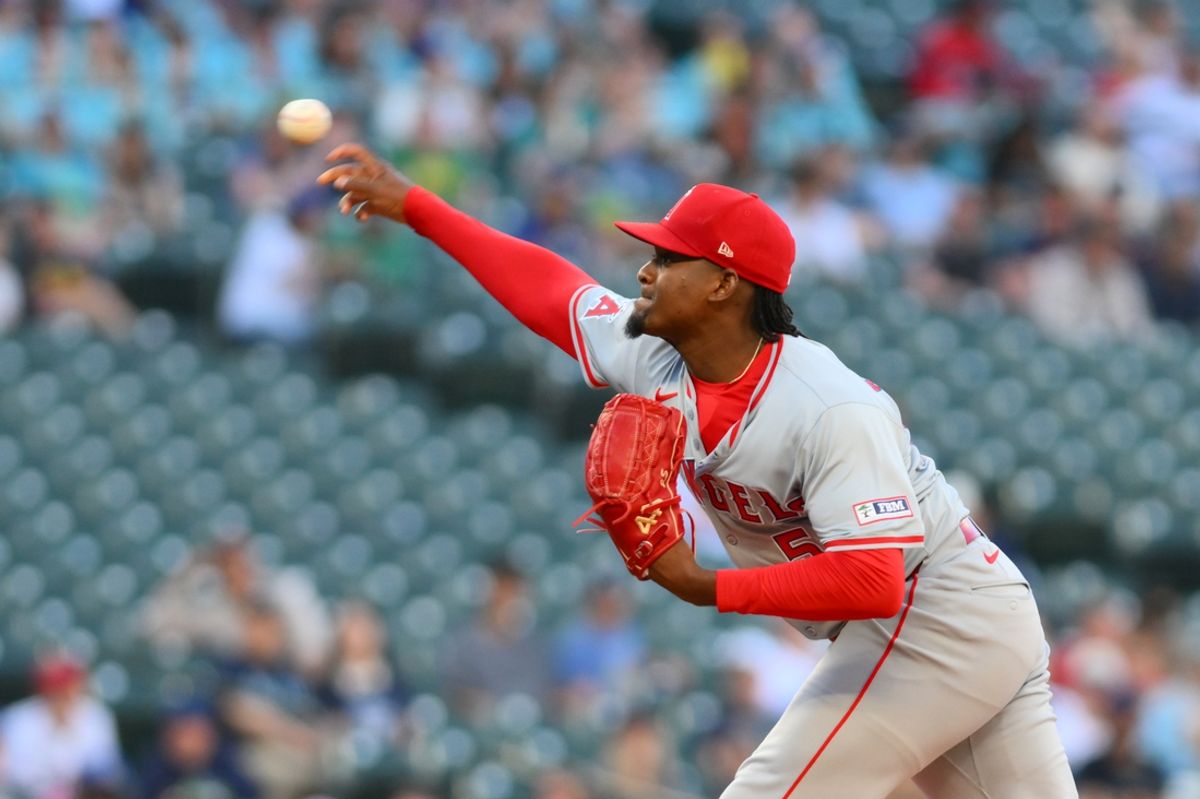 Jul 23, 2024; Seattle, Washington, USA; Los Angeles Angels starting pitcher Jose Soriano (59) pitches to the Seattle Mariners during the first inning at T-Mobile Park. Mandatory Credit: Steven Bisig-USA TODAY Sports