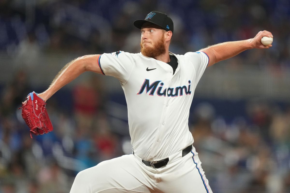 Jul 23, 2024; Miami, Florida, USA;  Miami Marlins pitcher A.J. Puk (35) pitches in the seventh inning against the Baltimore Orioles at loanDepot Park. Mandatory Credit: Jim Rassol-USA TODAY Sports