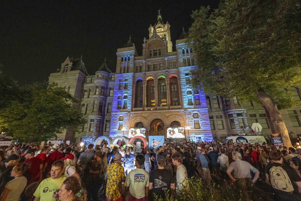 Jul 24, 2024; Salt Lake CIty, Utah, USA; A general view of the announcement for the host city for the 2034 Winter Olympic and Paralympic Games at Washington Square. Mandatory Credit: Christopher Creveling-USA TODAY Sports