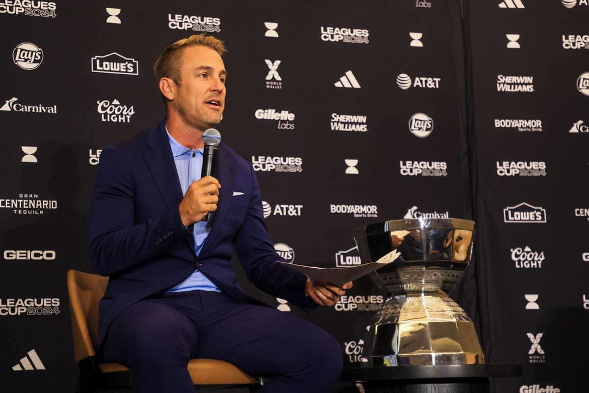 Jul 24, 2024; Columbus, Ohio, USA; MLS Season Pass analyst Taylor Twellman speaks during the Leagues Cup 2024 Media Kickoff Event at Hilton Columbus Downtown. Mandatory Credit: Katie Stratman-Imagn Images