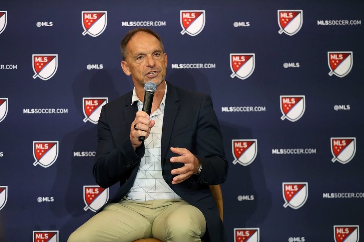 Jul 24, 2024; Columbus, Ohio, USA;  Philadelphia Union sporting director Ernst Tanner speaks to media members about league rule changes at the Hilton Hotel. Mandatory Credit: Joseph Maiorana-Imagn Images
