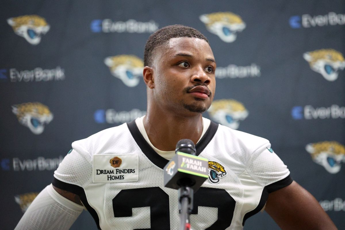Jul 24, 2024; Jacksonville, FL, USA; Jacksonville Jaguars  cornerback Tyson Campbell (32) participates in training camp at Miller Electric Center. Mandatory Credit: Nathan Ray Seebeck-Imagn Images