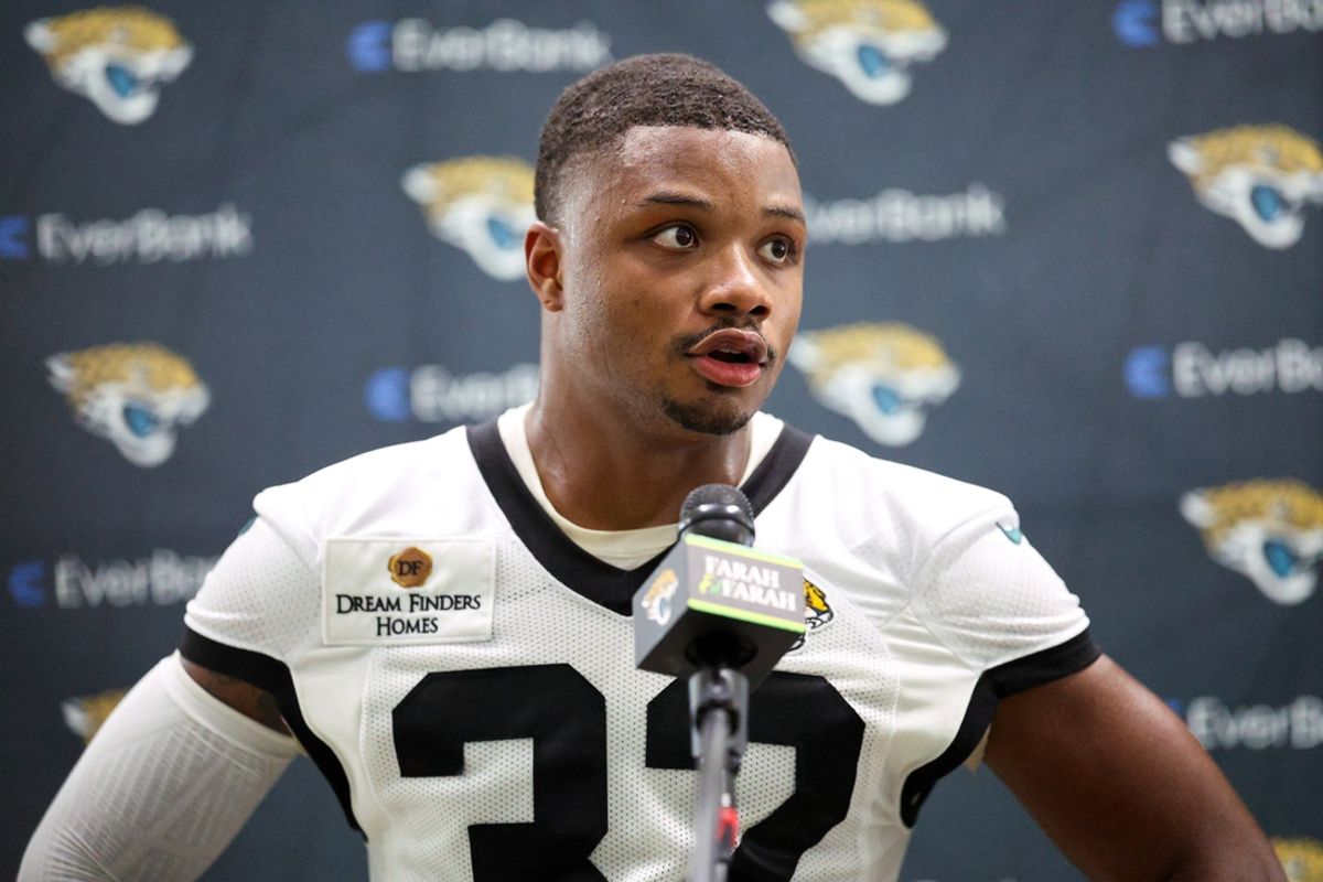 Jul 24, 2024; Jacksonville, FL, USA; Jacksonville Jaguars cornerback Tyson Campbell (32) participates in training camp at Miller Electric Center. Mandatory Credit: Nathan Ray Seebeck-Imagn Images