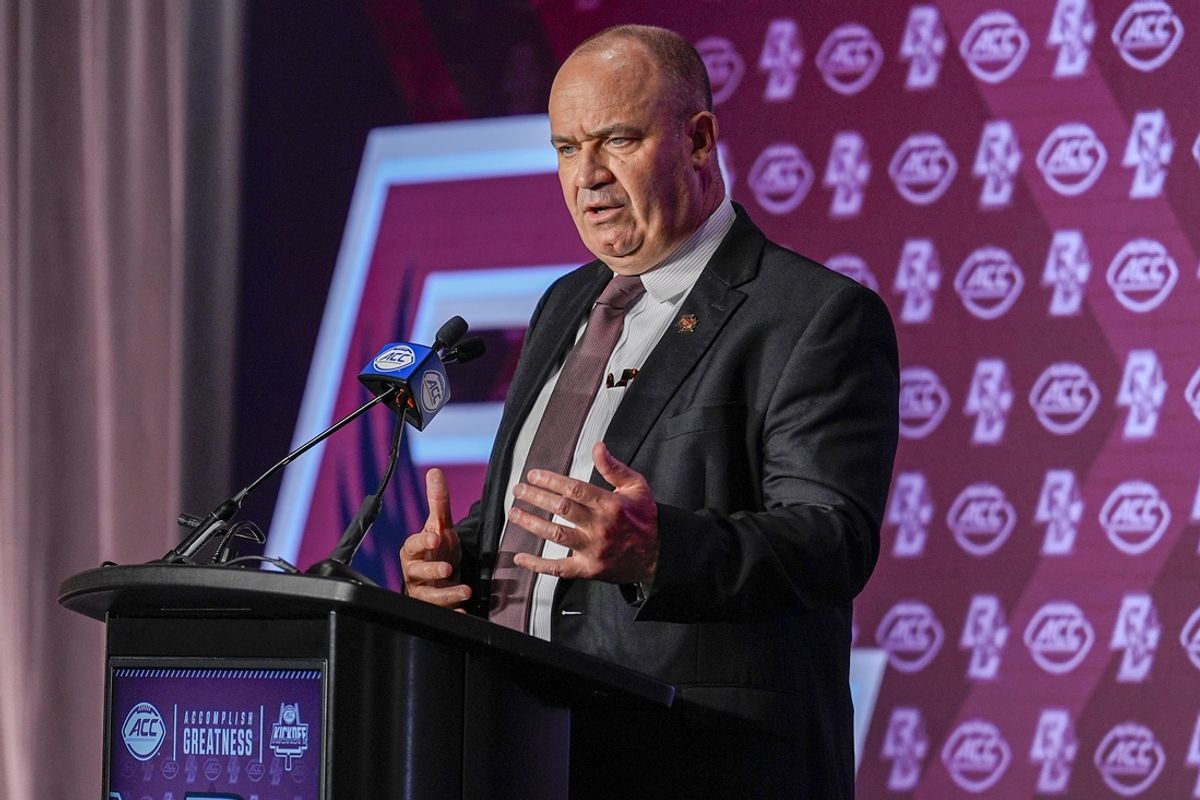 Jul 24, 2024; Charlotte, NC, USA; Boston College Eagles head coach Bill O'Brien speaks to the media during the ACC Kickoff at Hilton Charlotte Uptown. Mandatory Credit: Jim Dedmon-USA TODAY Sports