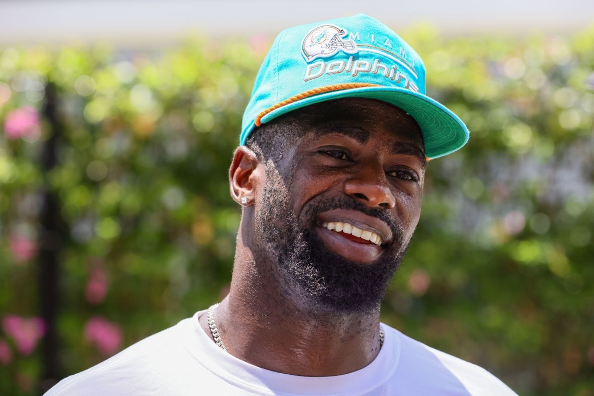 Jul 24, 2024; Miami Gardens, FL, USA; Miami Dolphins safety Marcus Maye (46) talks to reporters during training camp at Baptist Health Training Complex. Mandatory Credit: Sam Navarro-Imagn Images