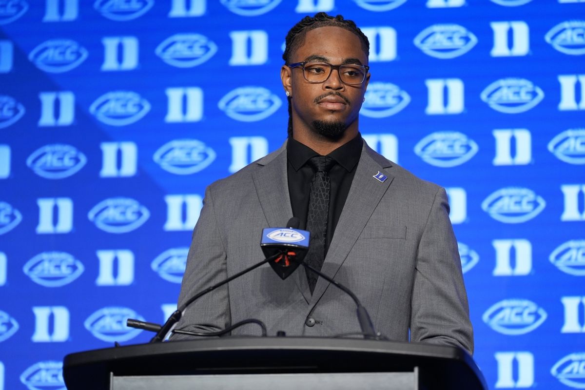Jul 24, 2024; Charlotte, NC, USA; Duke Blue Devils quarterback Maalik Murphy speaks to the media during the ACC Kickoff at Hilton Charlotte Uptown. Mandatory Credit: Jim Dedmon-USA TODAY Sports