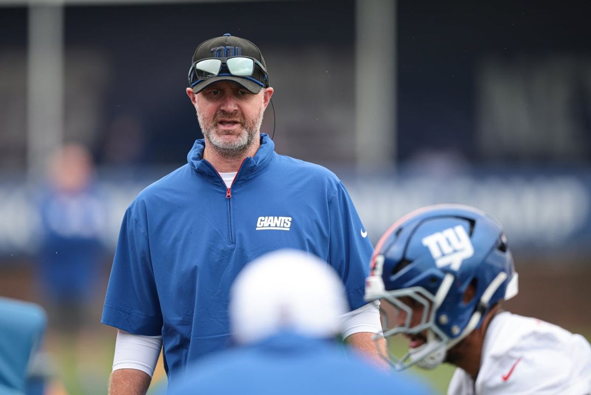 Jul 24, 2024; East Rutherford, NJ, USA; New York Giants defensive coordinator Shane Bowen looks on during training camp at Quest Diagnostics Training Facility. Mandatory Credit: Vincent Carchietta-Imagn Images