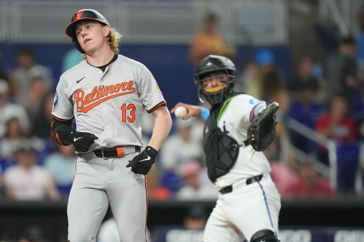 Jul 24, 2024; Miami, Florida, USA;  Baltimore Orioles right fielder Heston Kjerstad (13) strikes out in the second inning against the Miami Marlins at loanDepot Park. Mandatory Credit: Jim Rassol-USA TODAY Sports