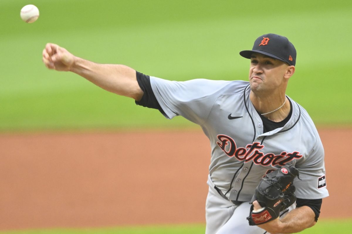 Jul 24, 2024; Cleveland, Ohio, USA; Detroit Tigers starting pitcher Jack Flaherty (9) delivers a pitch in the first inning against the Cleveland Guardians at Progressive Field. Mandatory Credit: David Richard-USA TODAY Sports