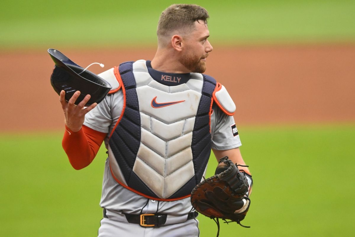 Jul 24, 2024; Cleveland, Ohio, USA; Detroit Tigers catcher Carson Kelly (15) stands on the field in the first inning against the Cleveland Guardians at Progressive Field. Mandatory Credit: David Richard-USA TODAY Sports