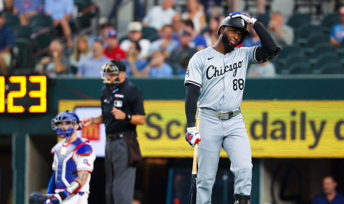 Jul 24, 2024; Arlington, Texas, USA; Chicago White Sox center fielder Luis Robert Jr. (88) reacts after striking out during the first inning against the Texas Rangers at Globe Life Field. Mandatory Credit: Kevin Jairaj-USA TODAY Sports